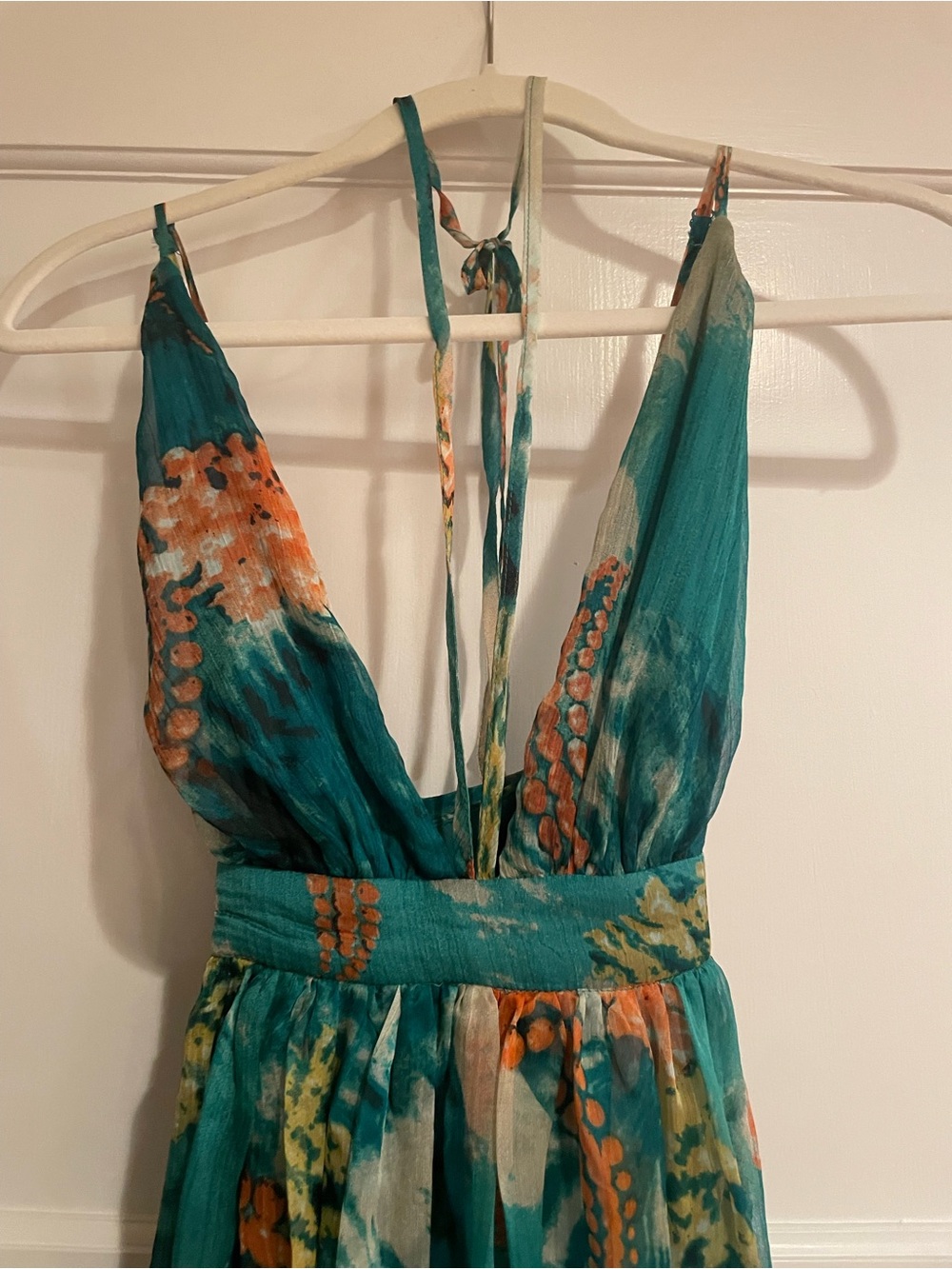 Teal & Orange Printed Halter Maxi Dress